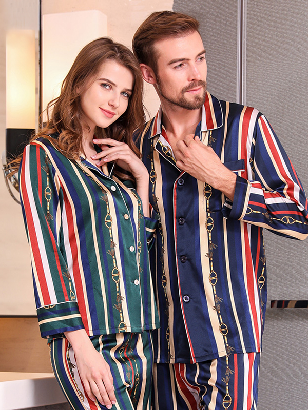 Pyjama classique en soie à rayures imprimées à manches longues pour couple-Soie Plus