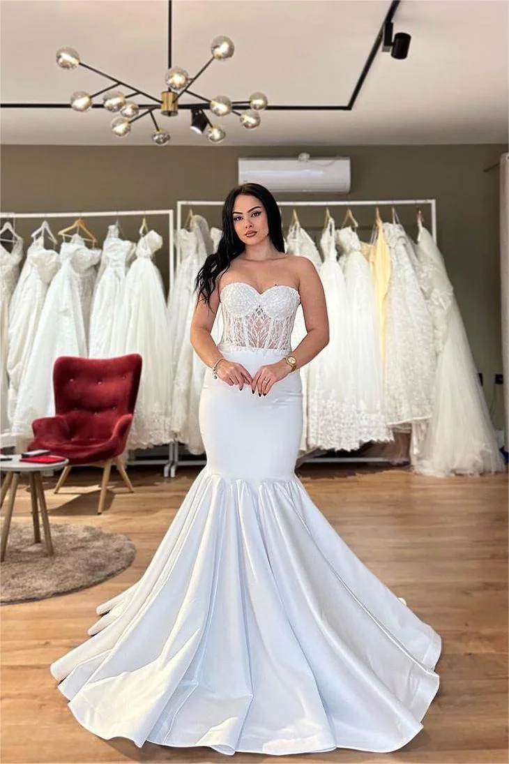 Hellodresses Elegant White Strapless Sleeveless Mermaid Long Prom Dress With Beading
