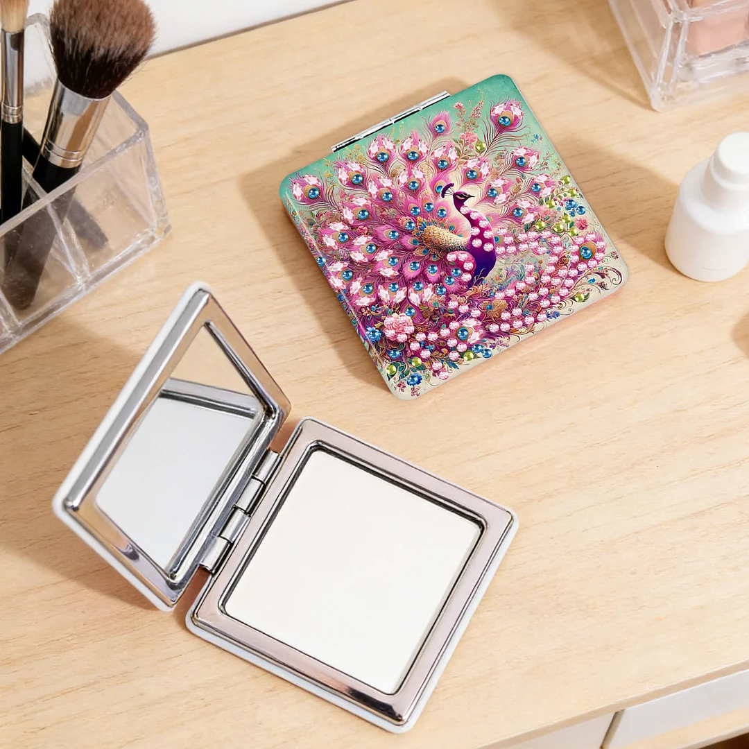 Pink Peacock DIY Special Shaped Diamond Painting Compact Mirror Kits Diamond Art Painting Pocket Mirror for Adults and Beginners