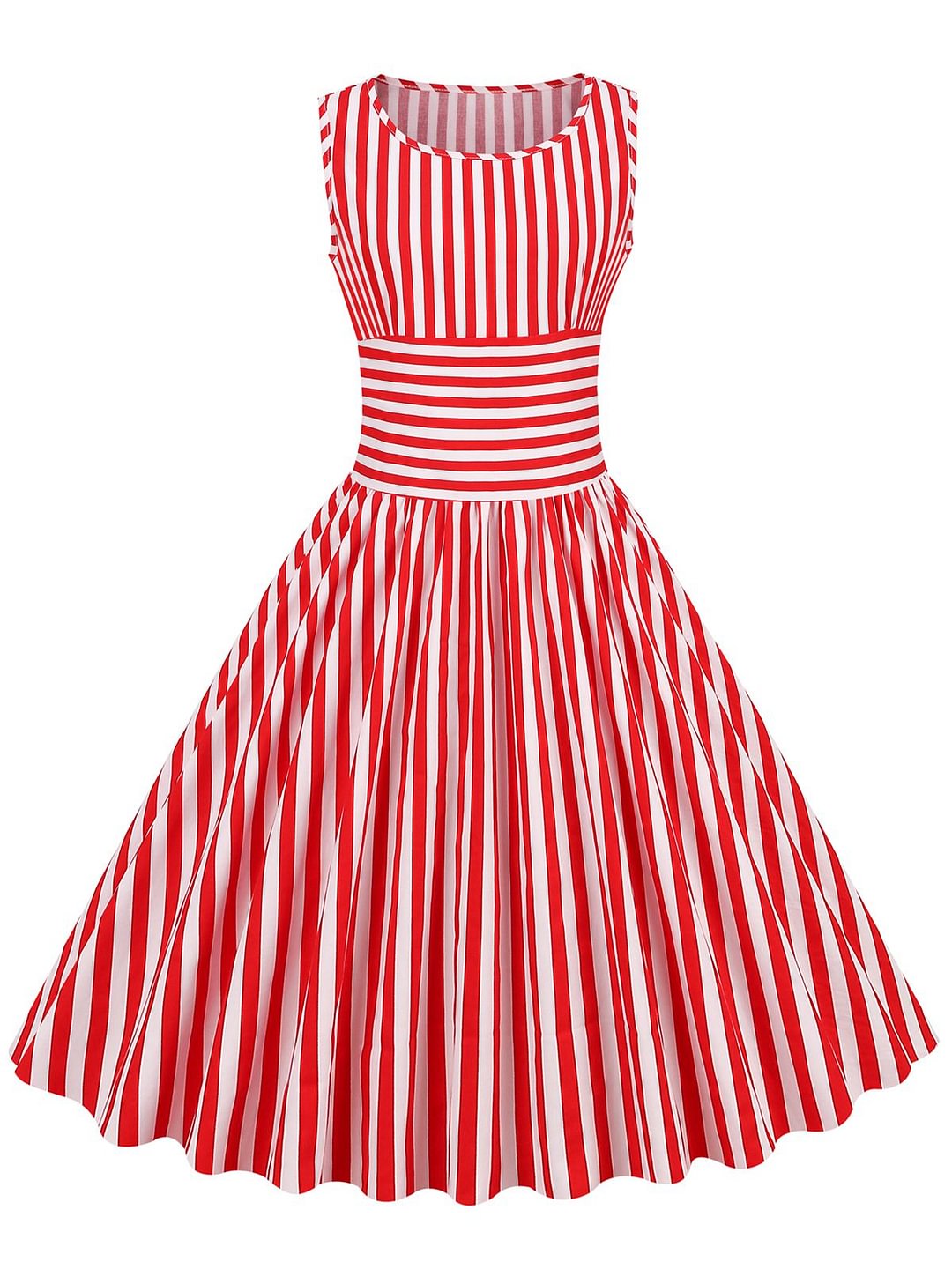 Red 1950s Stripe Crew Neck Swing Dress