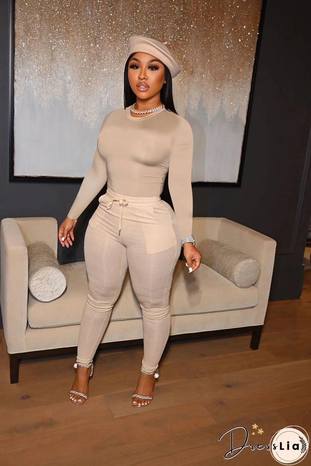 Solid Long Sleeve T Shirt Lace Up Pants Set