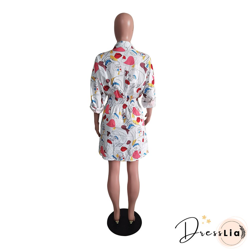 Fashion Newspaper Print Long Sleeve Women Turn Down Collar Button Up Streetwear Shirt Midi Dress