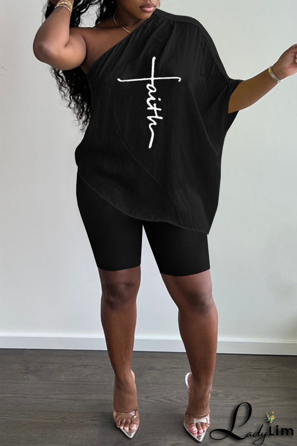 Black Fashion Casual Print Backless Oblique Collar Short Sleeve Two Pieces