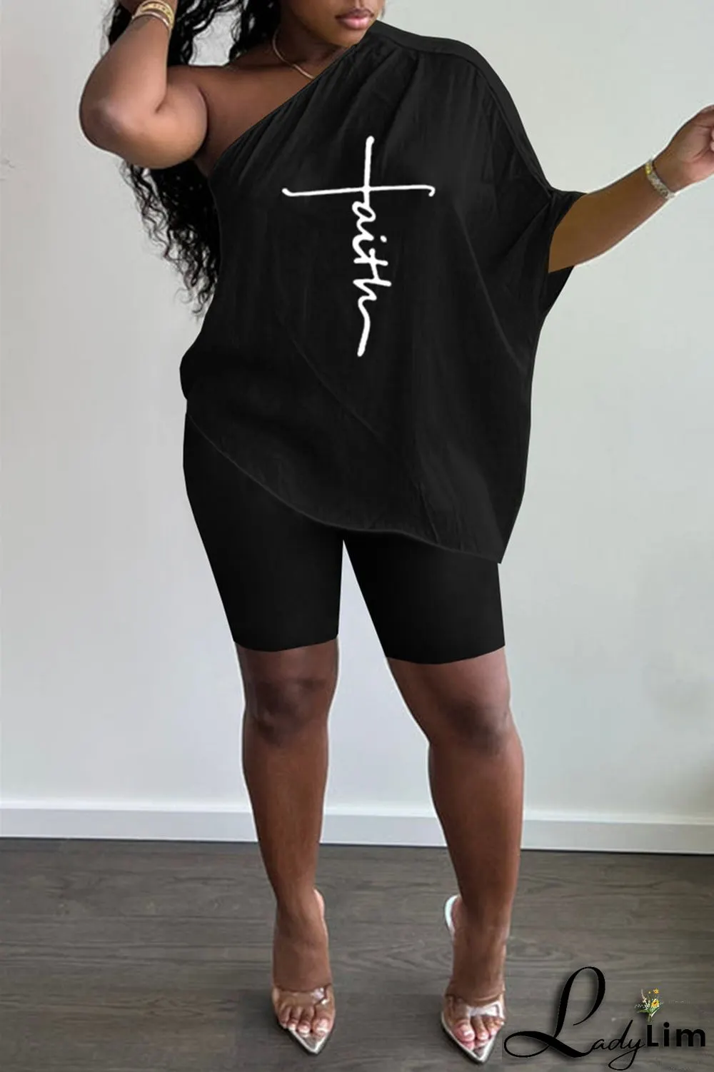 Black Fashion Casual Print Backless Oblique Collar Short Sleeve Two Pieces