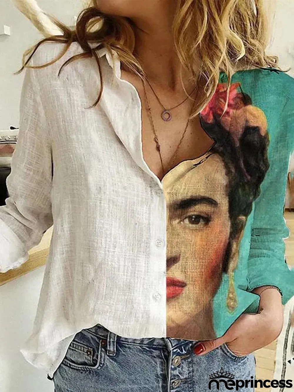 Ladies And Flower Printed Lapel Long Sleeve Shirt