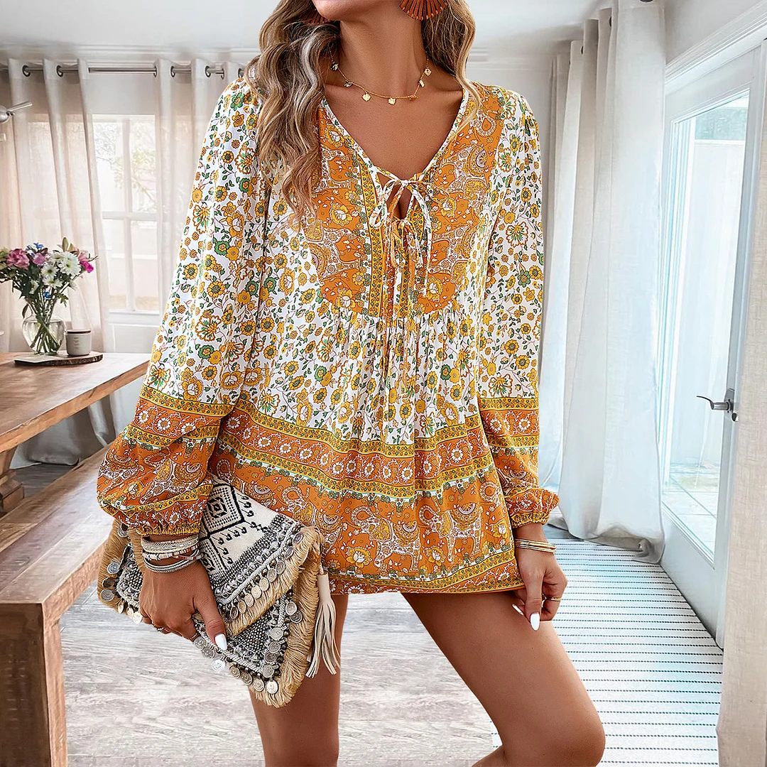 Boho Floral Print Pocket Buttoned 3/4 Sleeve Shirt