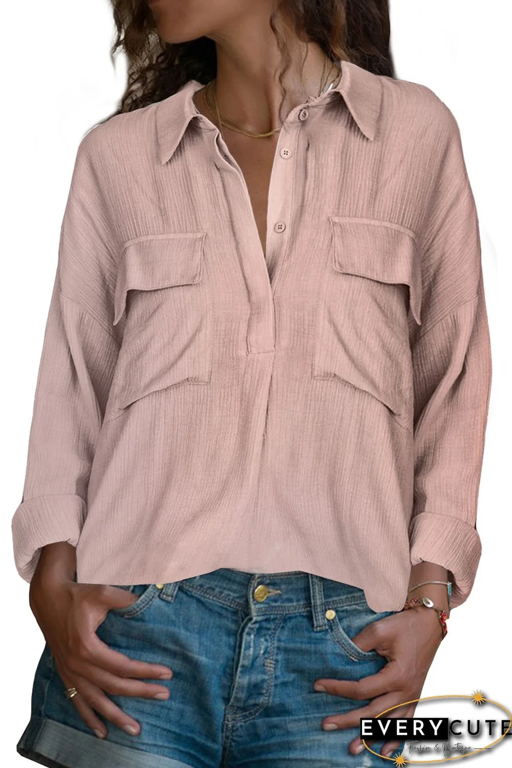 Khaki Buttoned Long Sleeve Shirt with Pocket