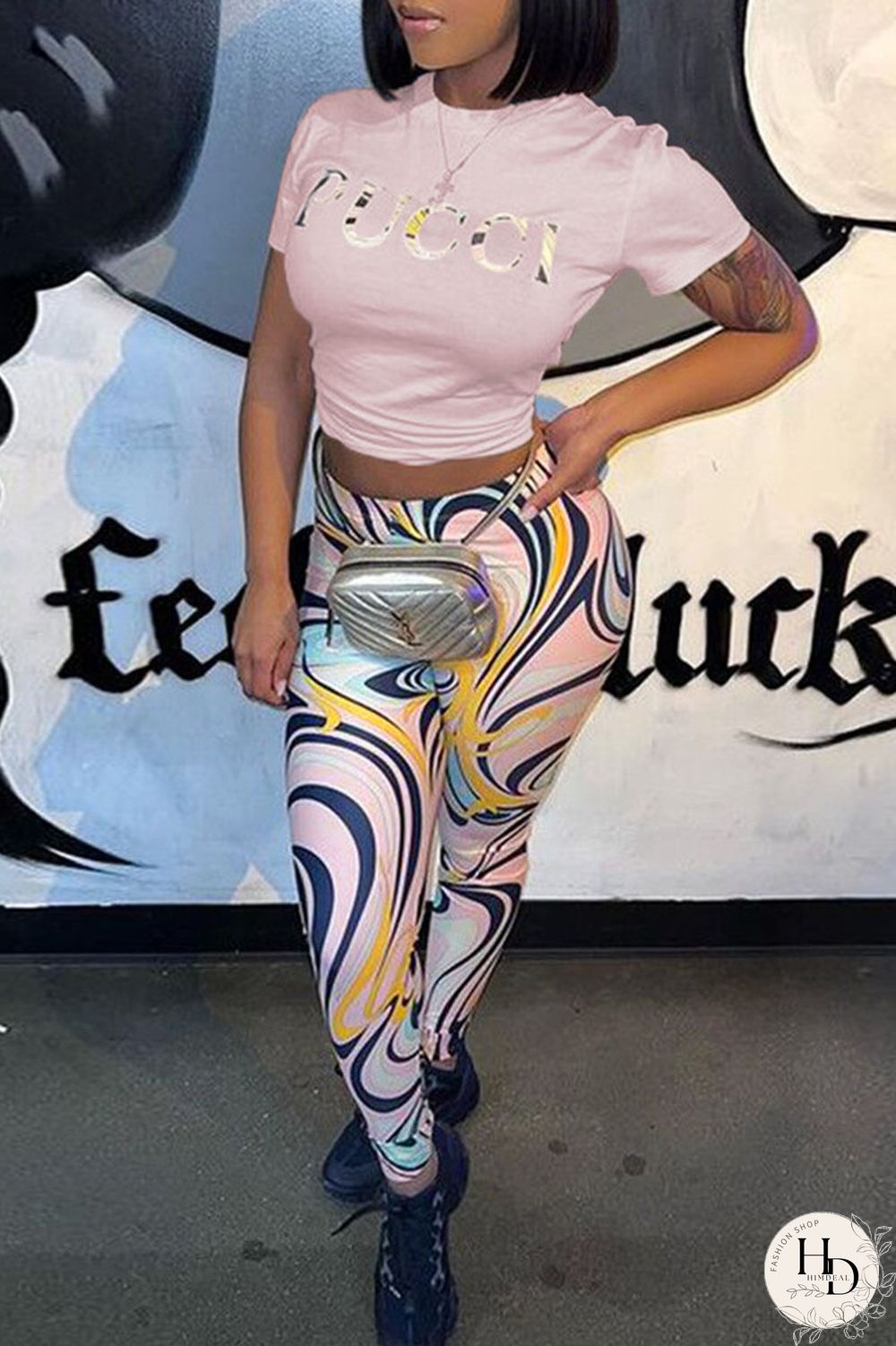 White Fashion Casual Print Patchwork O Neck Short Sleeve Two Pieces