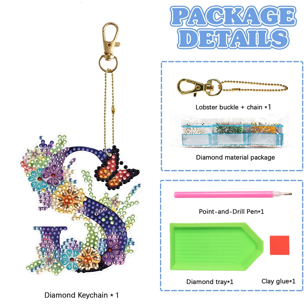 DIY S Diamond Art Key Rings Lettter Keychain Supplies Gift for Kids(Double Sided)