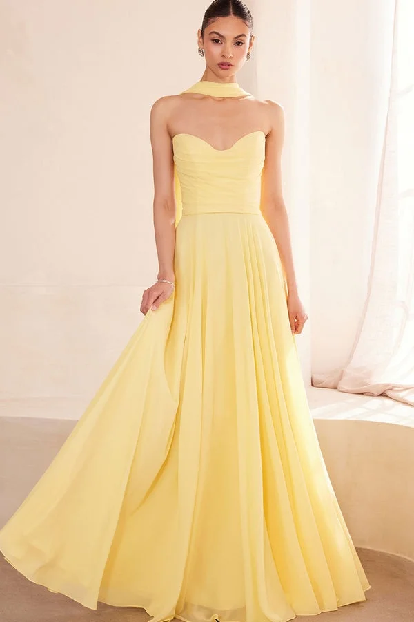 Oknass Chiffon Strapless Sleeveless Long A Line Prom Dress With Pleated