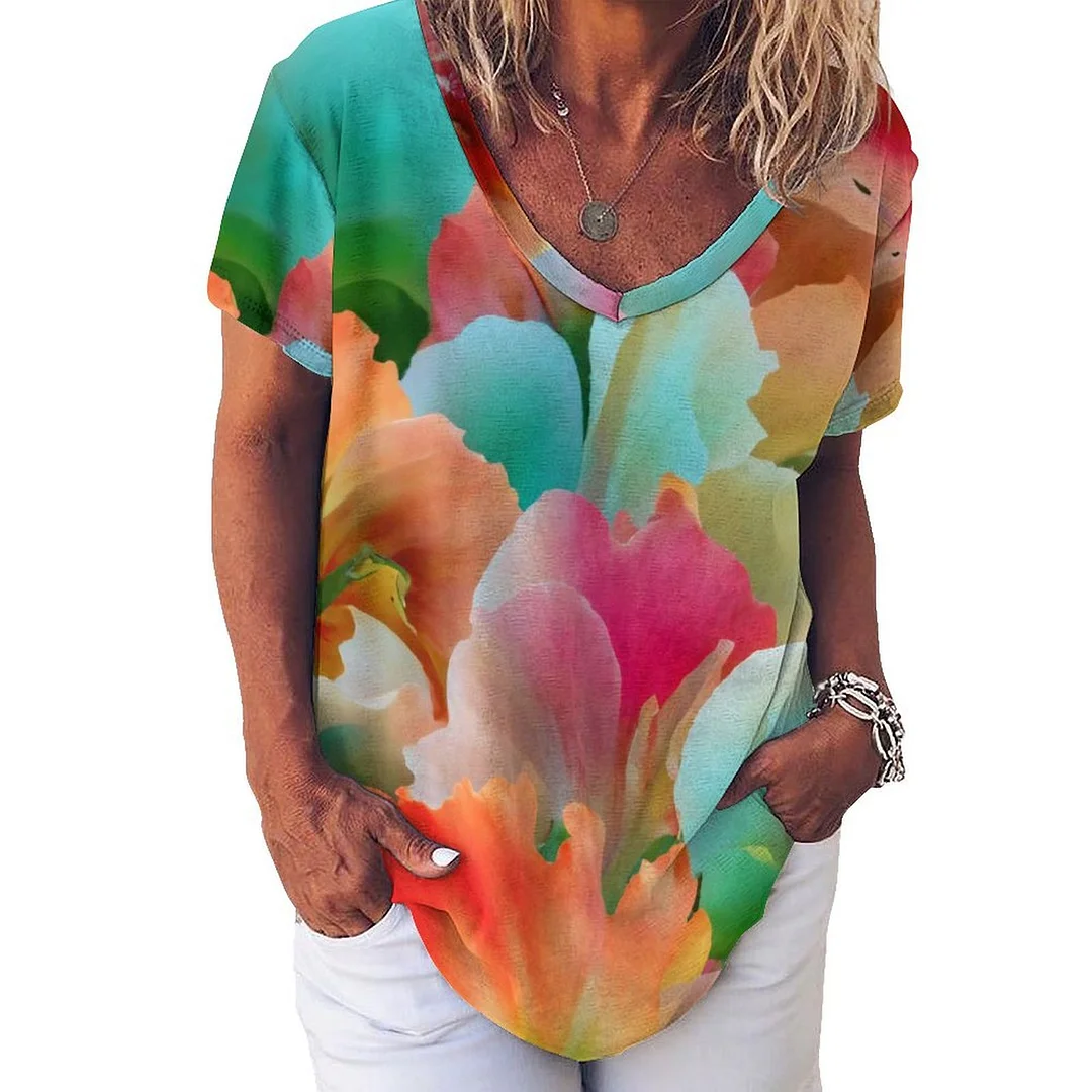 V-neck Short Sleeve Casual T-shirt for  Women Printed with Pattern Petals, Floral, Blue, Watercolor