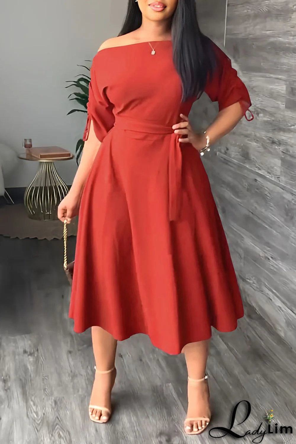 Red Casual Elegant Solid Patchwork Draw String Fold Oblique Collar Dresses