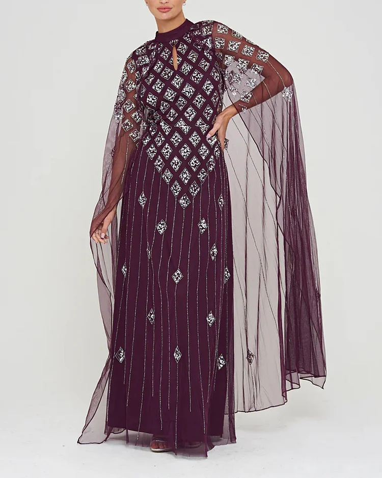 Eileen Purple Embellished Dress with Cape Sleeves