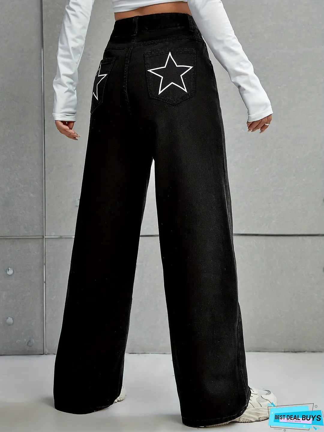 Black Star Pattern Baggy Jeans, Loose Fit Non-Stretch Casual Wide Legs Jeans, Women's Denim Jeans & Clothing