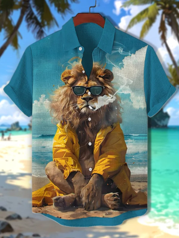 Men's Seaside Lion Smoking Print Short Sleeve Shirt