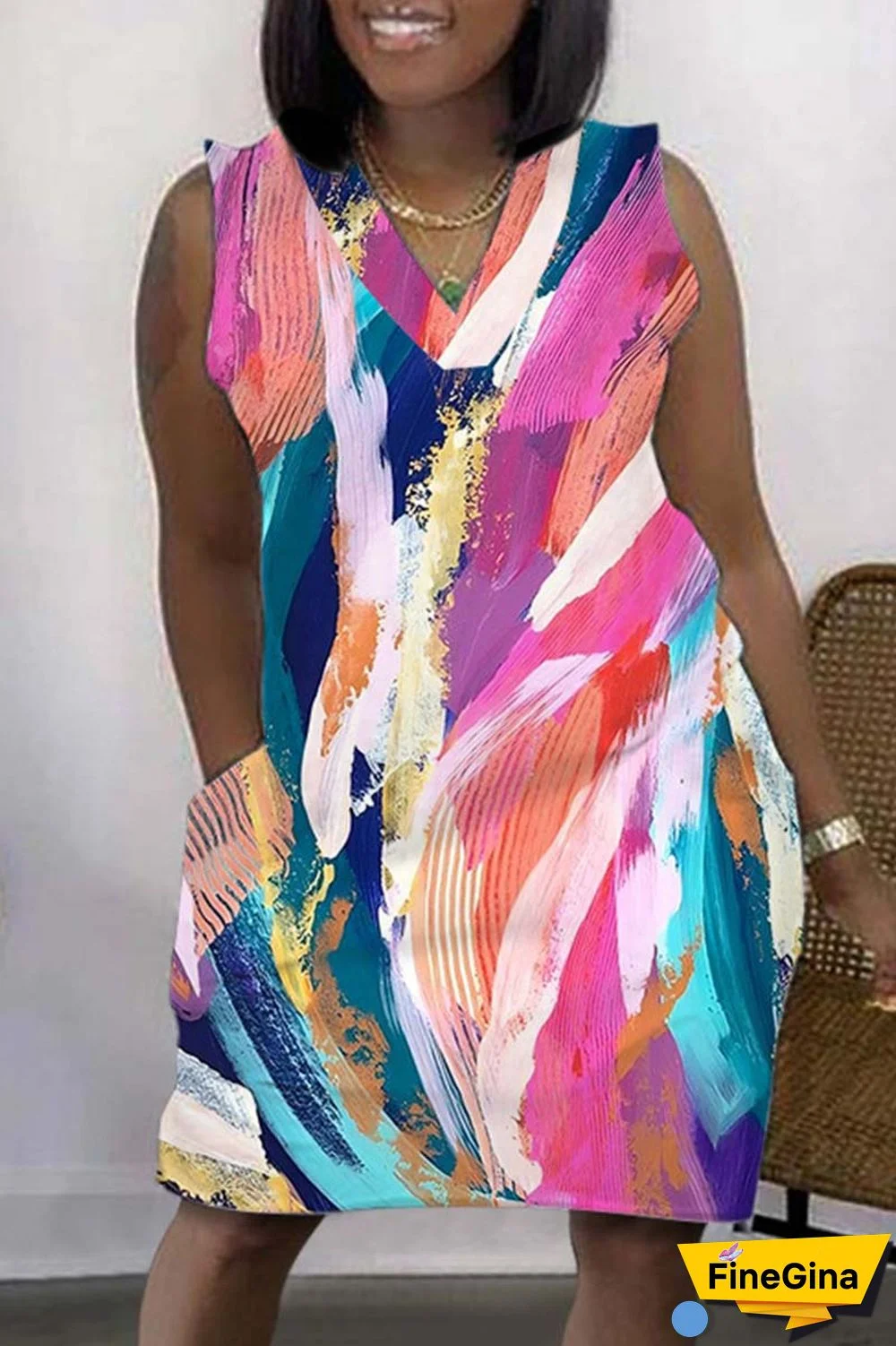 Coffee Casual Print Basic V Neck Sleeveless Dress Dresses