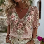 Women's Bohemia Pink Roses Embroidered Art V-neck Short Sleeve T-shirt - Image 2