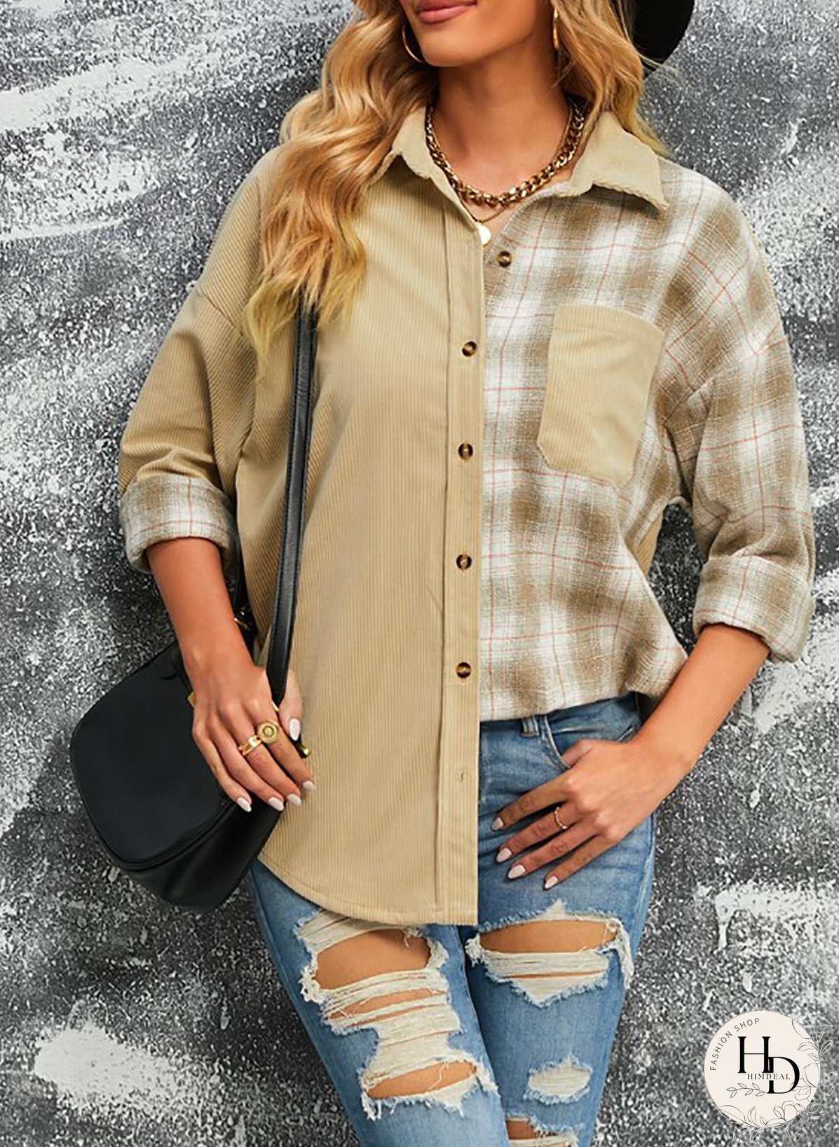 Double Take Plaid Color Block Dropped Shoulder Corduroy Shacket