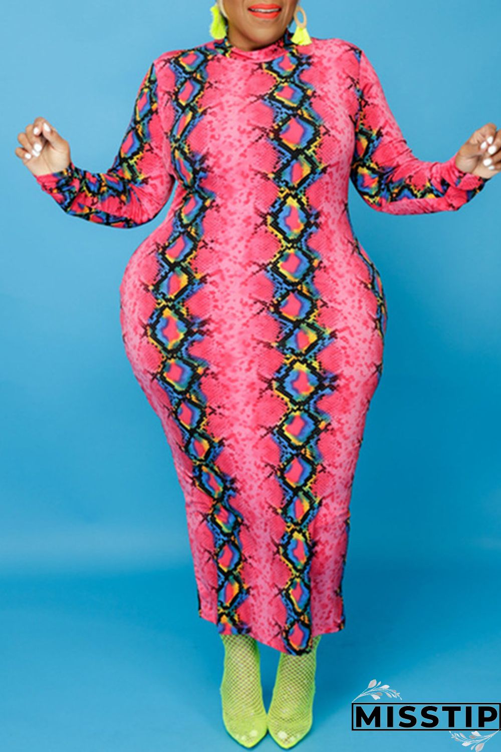 Multicolor Fashion Casual Print Basic O Neck Long Sleeve Plus Size Dresses