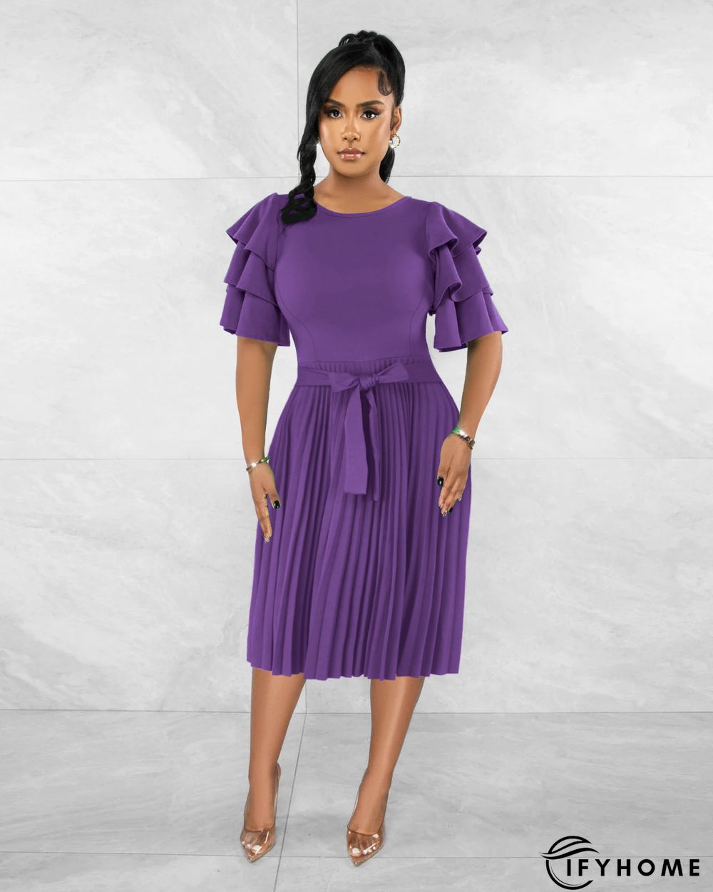 Round Neck Ruffle Short Sleeve Pressed Pleated Dress | IFYHOME