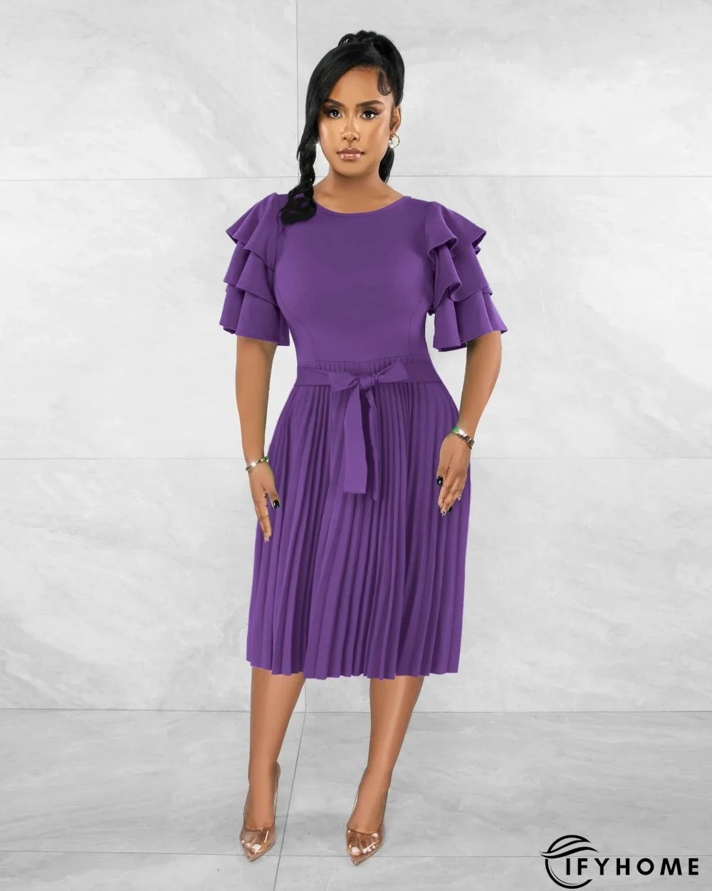 Round Neck Ruffle Short Sleeve Pressed Pleated Dress | IFYHOME