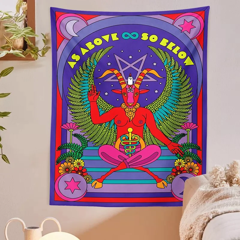 Tarot Baphomet Tapestry Wall Hanging religion Divination Witchcraft Wall Hanging Throw Blanket Mat Sun Moon Wall Decor INS Print