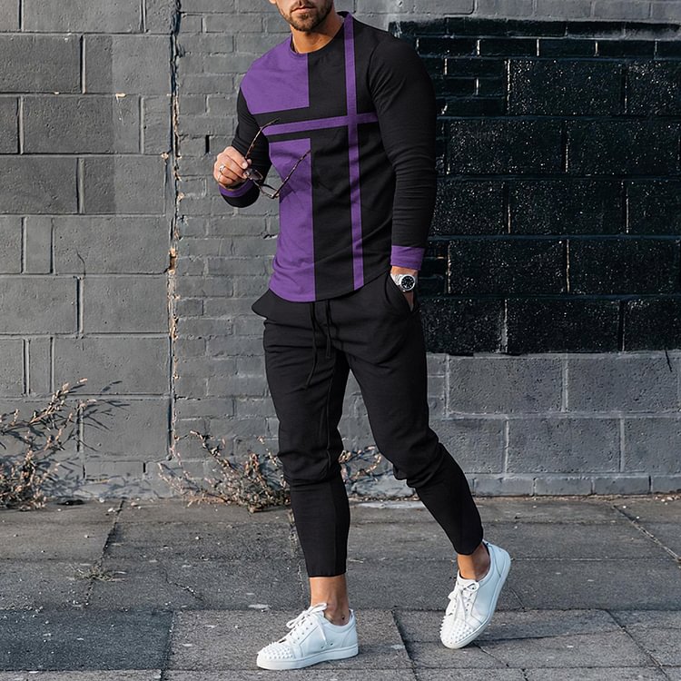 BrosWear BrosWear Men'S Purple Striped Cross Contrasting Color Long Sleeve T-Shirt And Pants