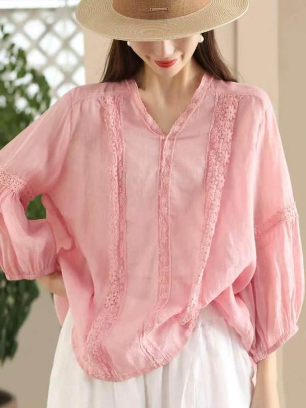 Vintage Spliced Lace Embroidered Ramie Shirt