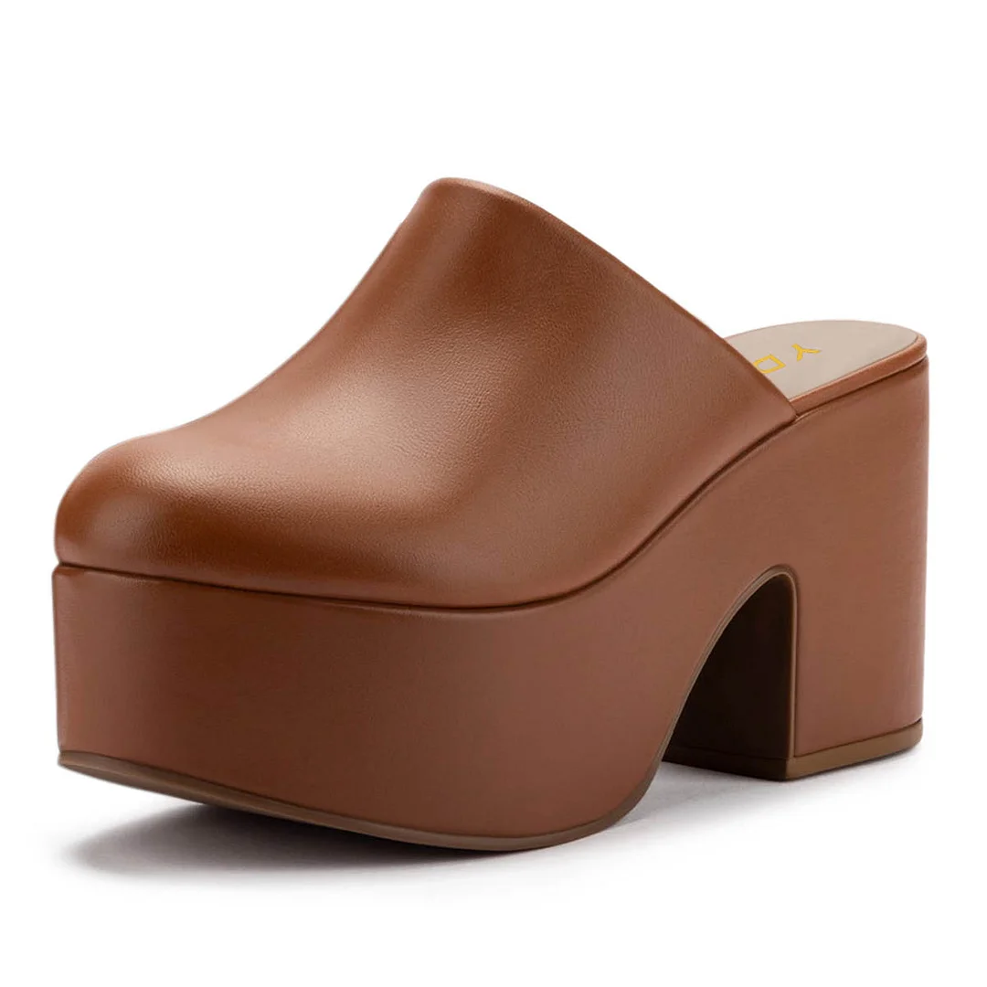 Brown Vegan Leather Round Toe Women's Platform Mules Shoes