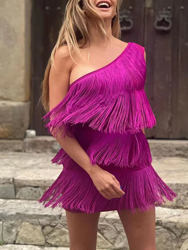 Lady Skew Collar Backless Slim Mini Party Dress Sexy One Shoulder Solid Tassel Dress Fashion Summer Asymmetric Hollow Club Dress
