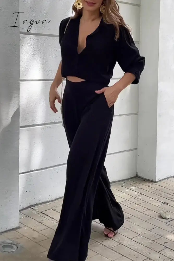 Ingvn - Casual Street Solid Pocket Turndown Collar Long Sleeve Two Pieces Black / S