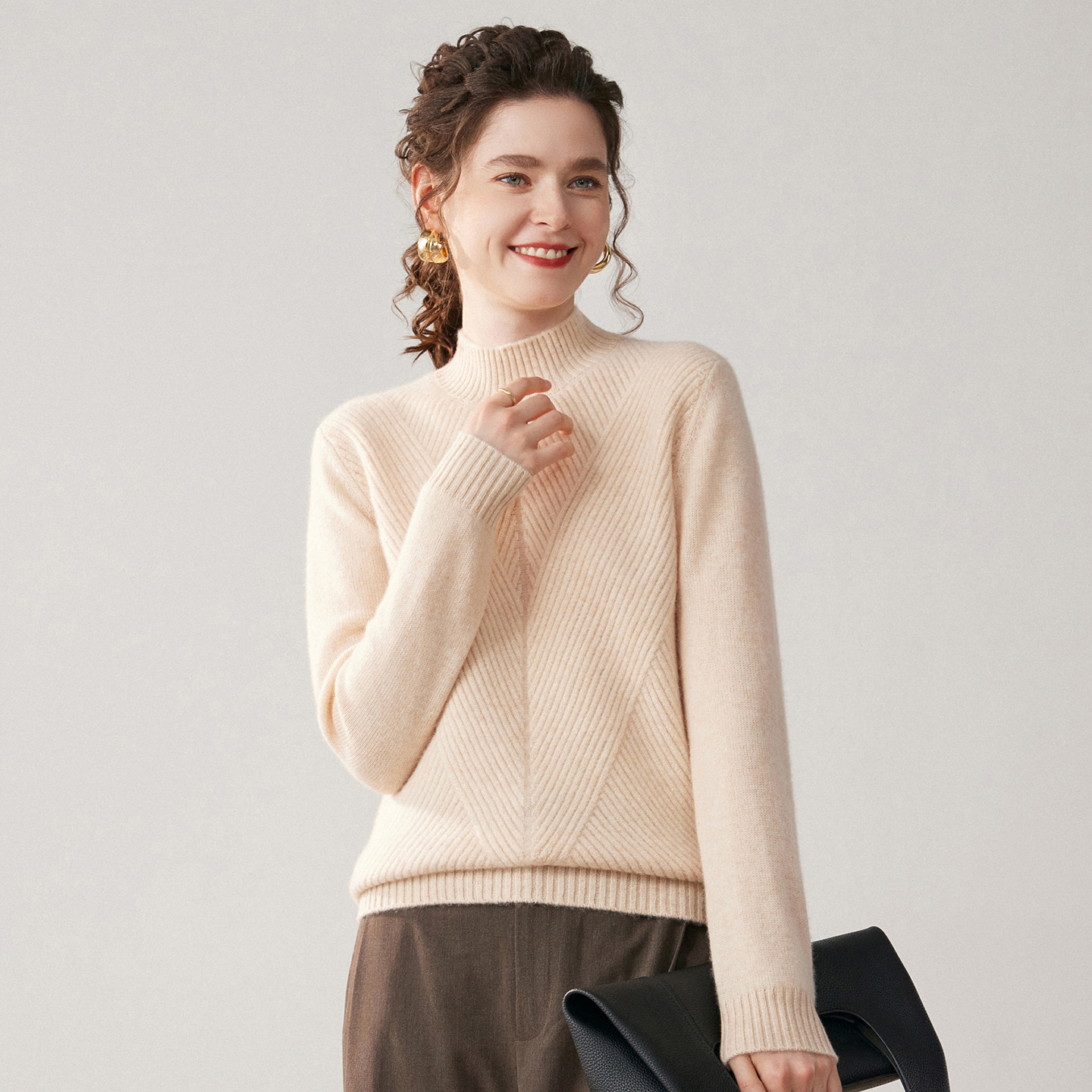 Women's Diamond Pattern Cashmere Sweater | Mock Neck Winter Knit REAL SILK LIFE