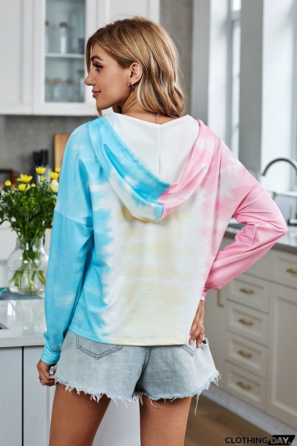 Cute Pink Colorblock The Sun Cotton Blend Tie Dye Hoodie