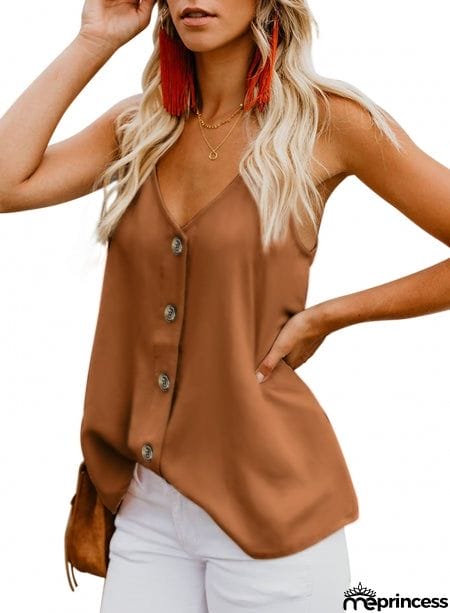 Orange Spaghetti Strap Buttoned Tank Top