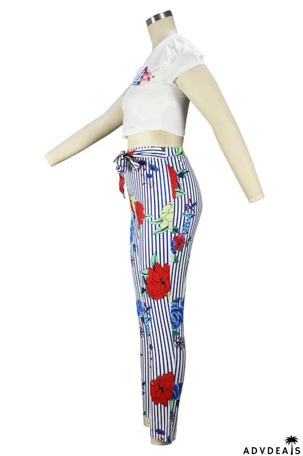 Blue Fashion Casual Print Basic O Neck Short Sleeve Two Pieces