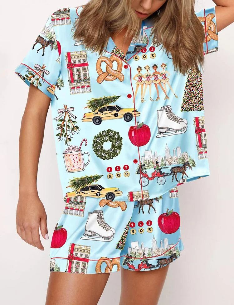 Women's Christmas In New York Satin Pajama Set