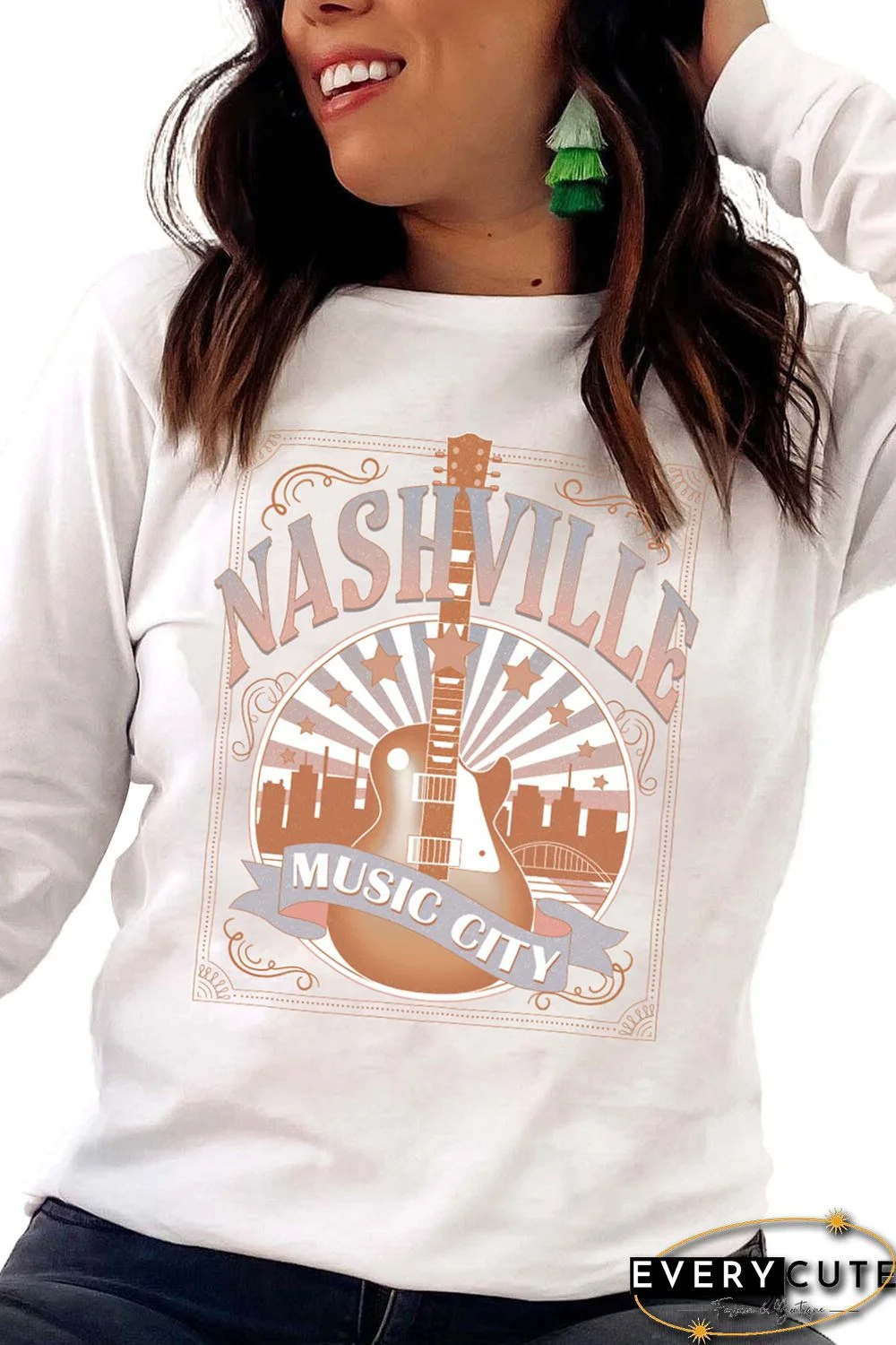 White NASHVILLE Music City Graphic Print Long Sleeve Top