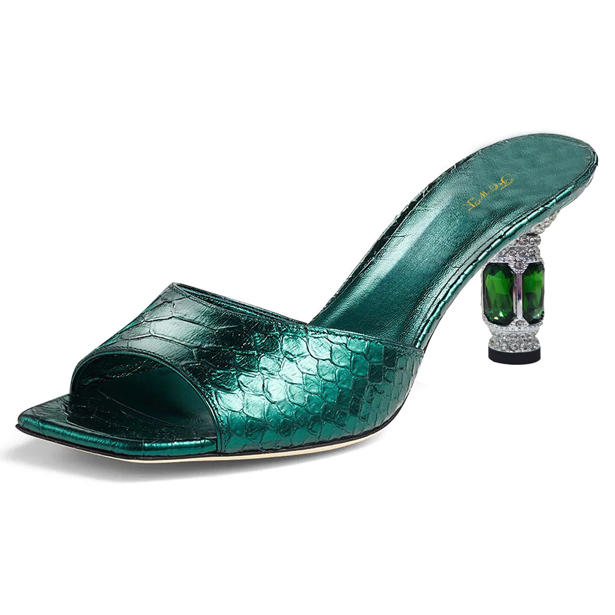 Green Snake Embossed Open Square Toe Mules Shoes with Sculptural Heel Nicepairs