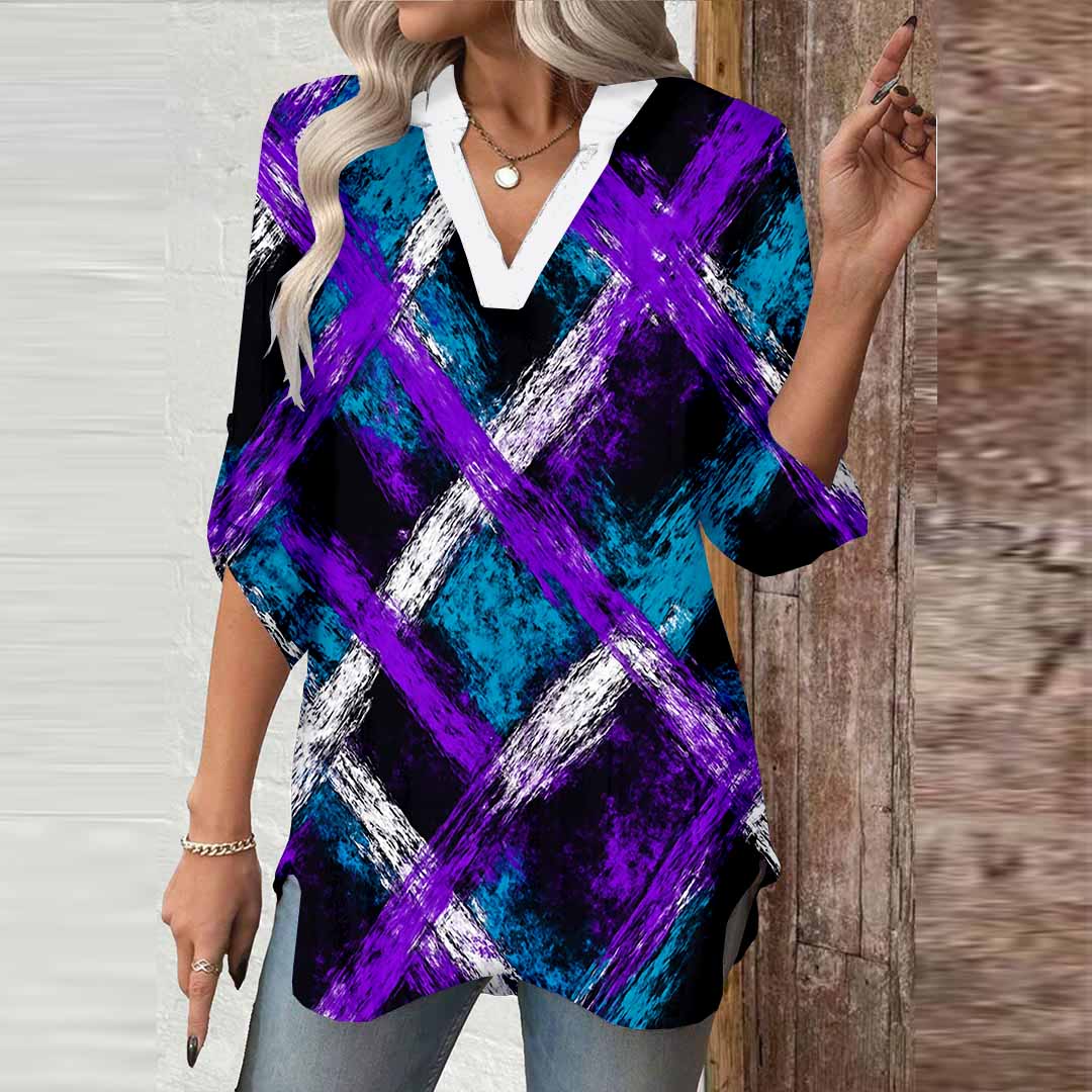 Women Purple, Tie-dyed,Ladynora DZGA0059 3/4 Sleeve V-neck Printed Graphic Button Tops