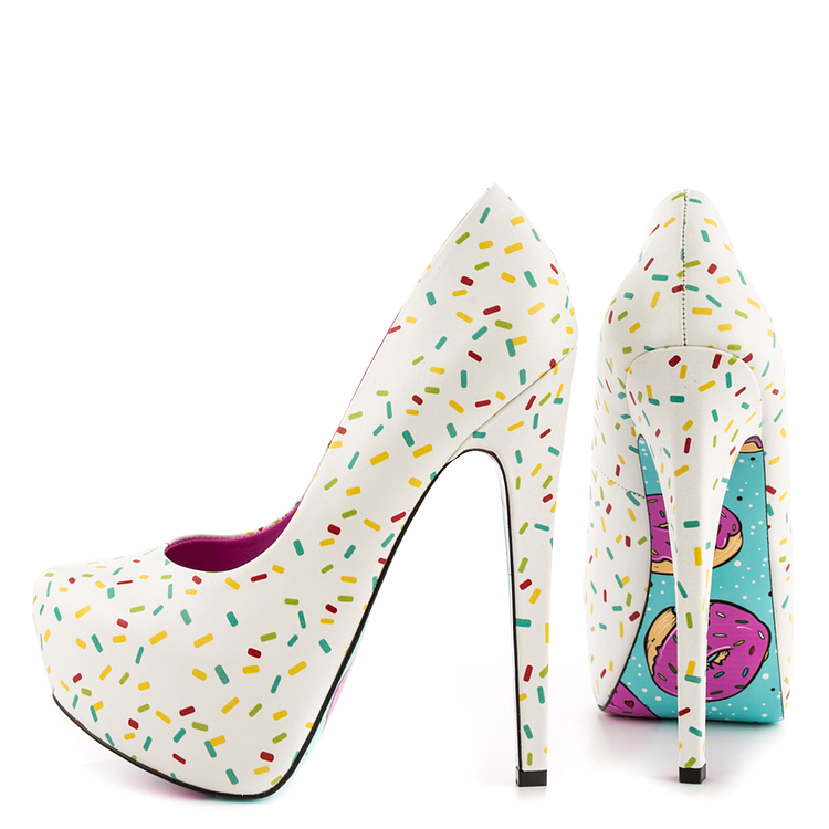 Women's White Floral Print Stiletto Heels Almond Toe Platform Shoes |FSJ Shoes