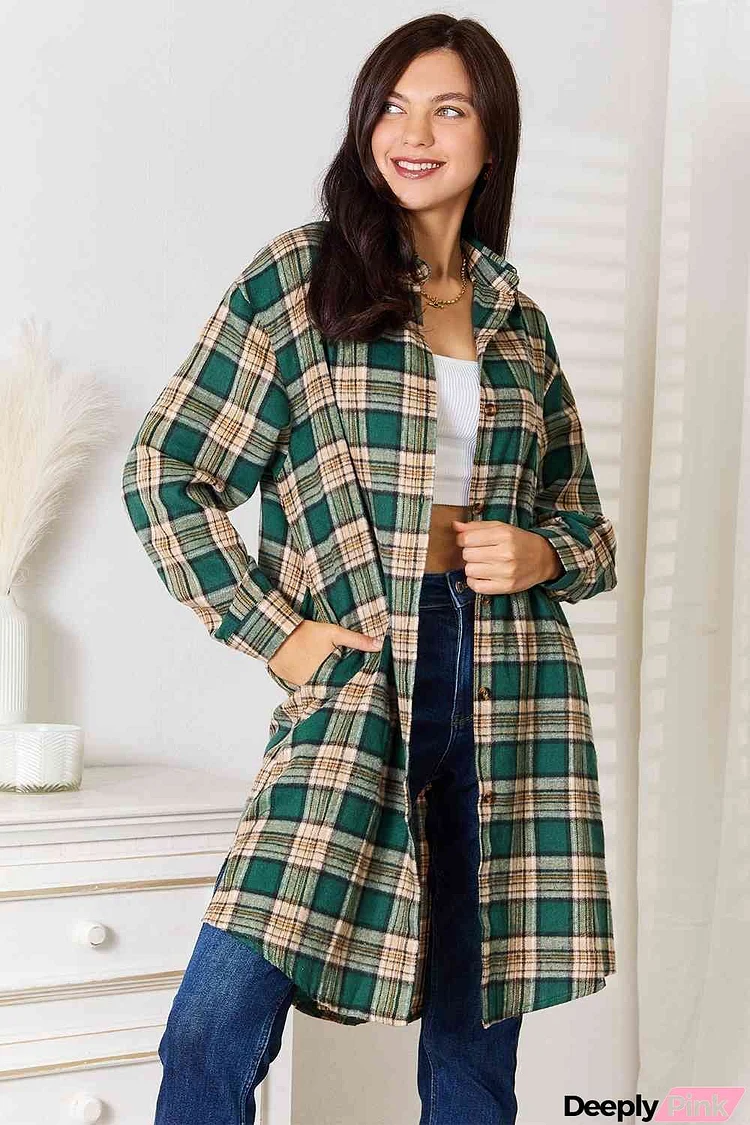 Double Take Plaid Collared Neck Long Sleeve Shirt