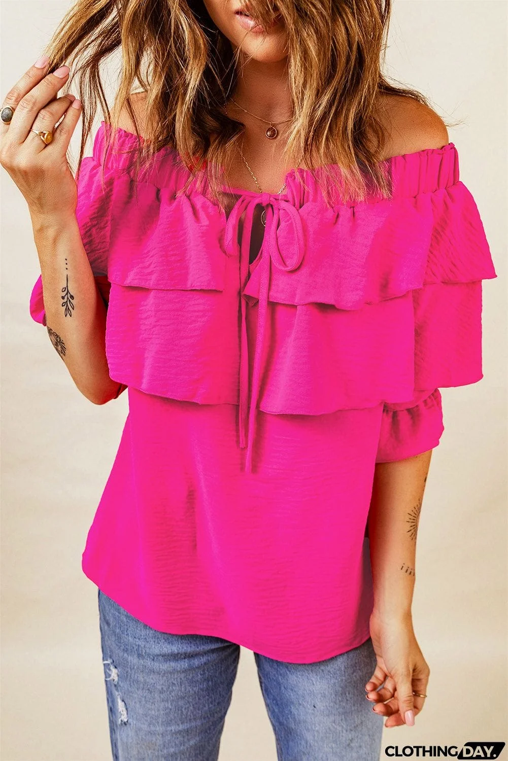 Lace Up Off Shoulder Ruffle Tiered Blouse