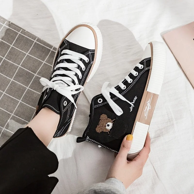 Fashion Women Canvas Shoes High Top Flat Shoes for Women White Black Sneakers Board Shoes Bear Canvas Sneakers Sneakers Women