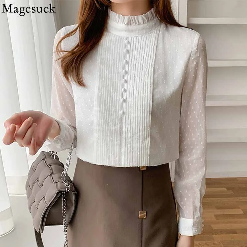 Loose White Elegant Blouse Autumn Pleated Ruffle Blouse Women Top Long Sleeve Lace Chiffon Shirt Office Lady Blusas Mujer 16776