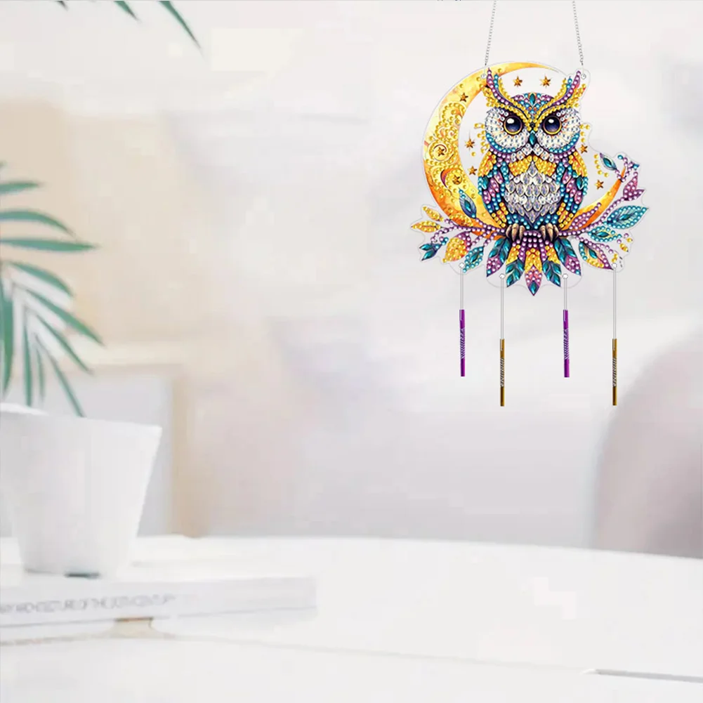 DIY Owl Double Sided Acrylic Special Shape Diamond Painting Wind Chime
