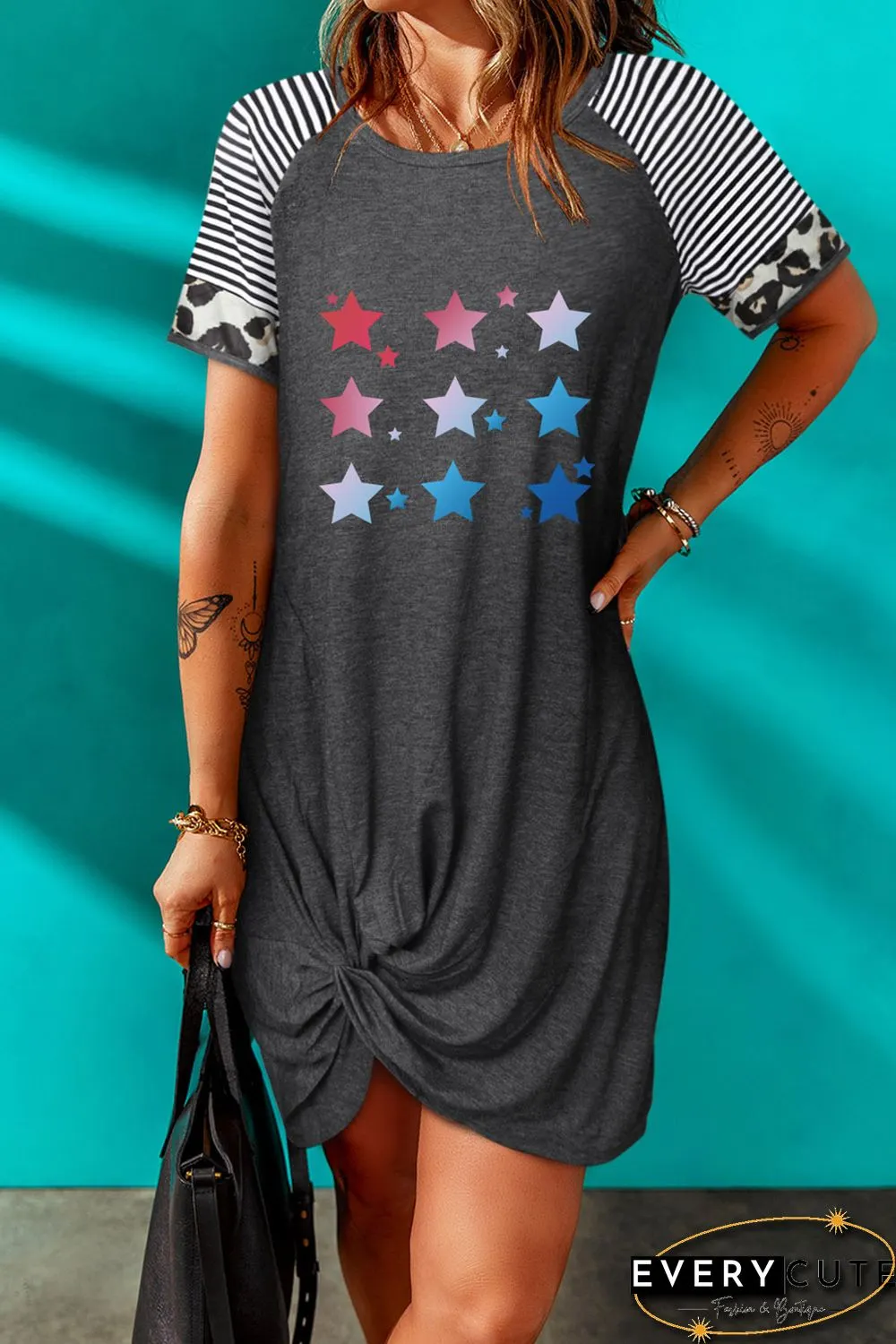 Gray Flag Day Star Print Leopard Stripe Sleeve Dress