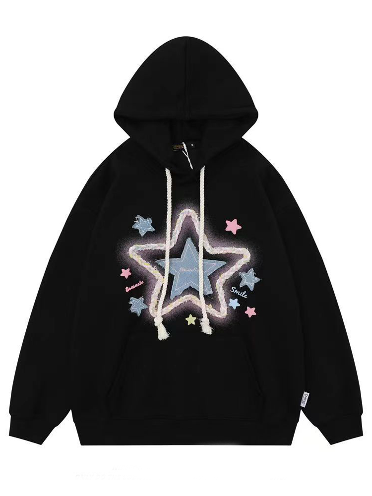 Vintage Star Print Hoodies Women Streetwear Loose Long Sleeve Sweatshirts American Retro Bf Casual Harajuku Pullover Tops