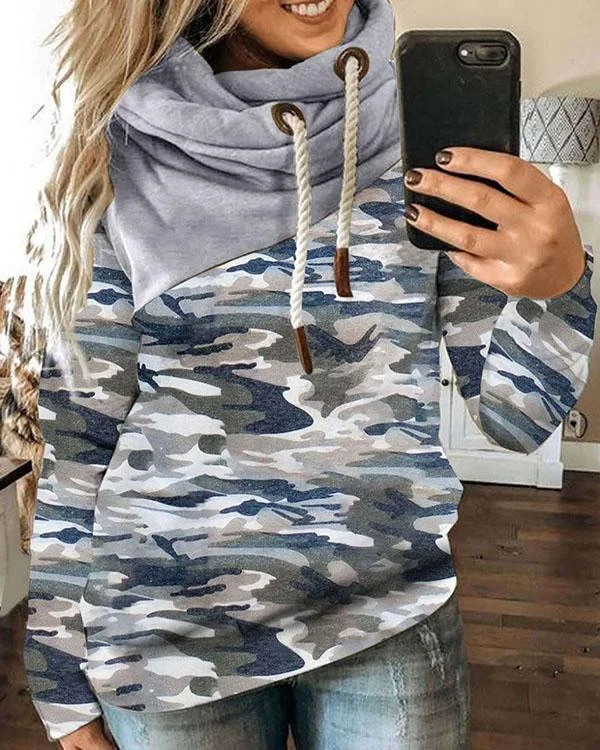 Women Camouflage Floral-print Long Sleeve Cotton-blend Hoodie Sweatshirt