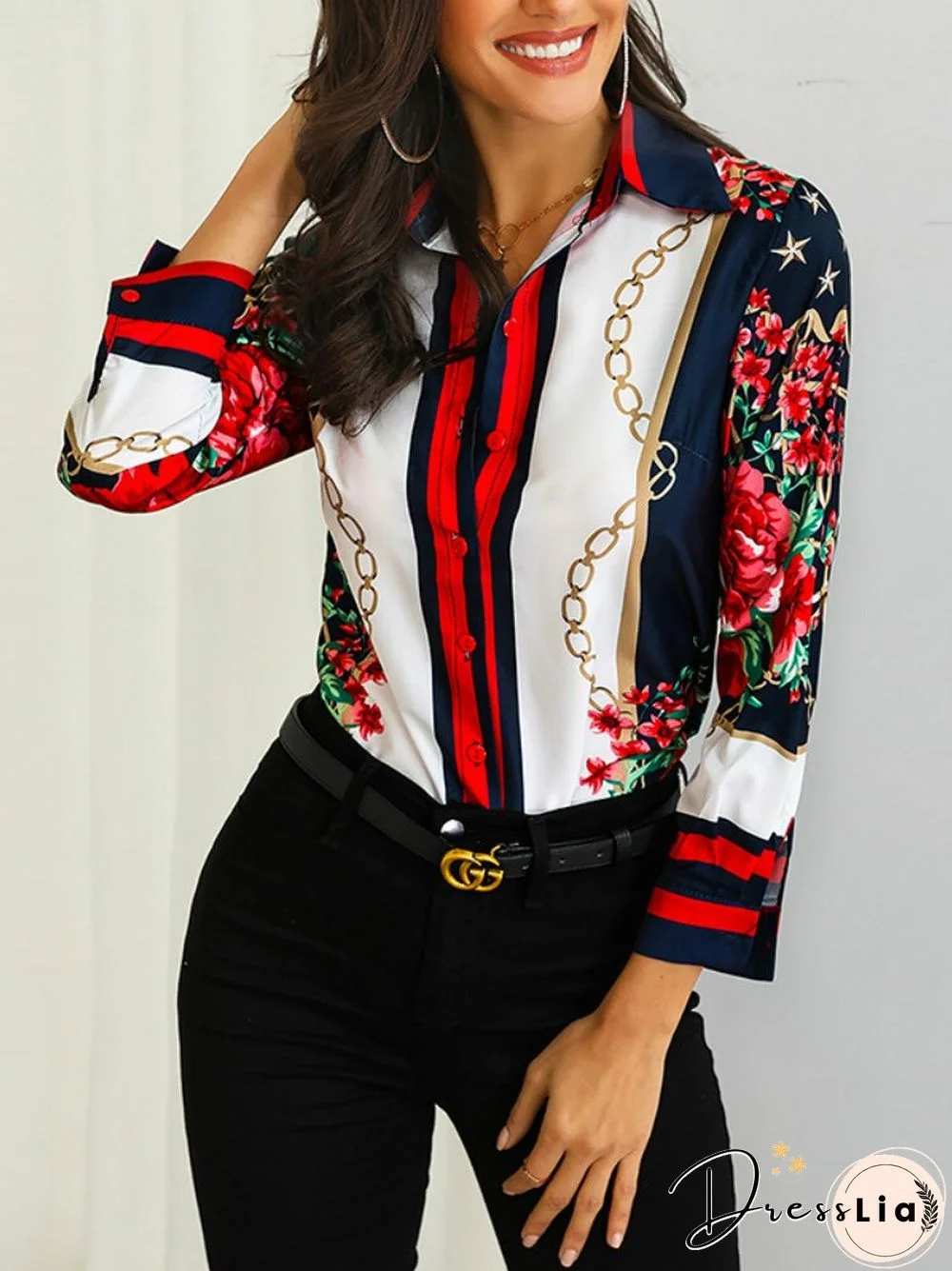 Women Floral Chain Print Elegant Blouse