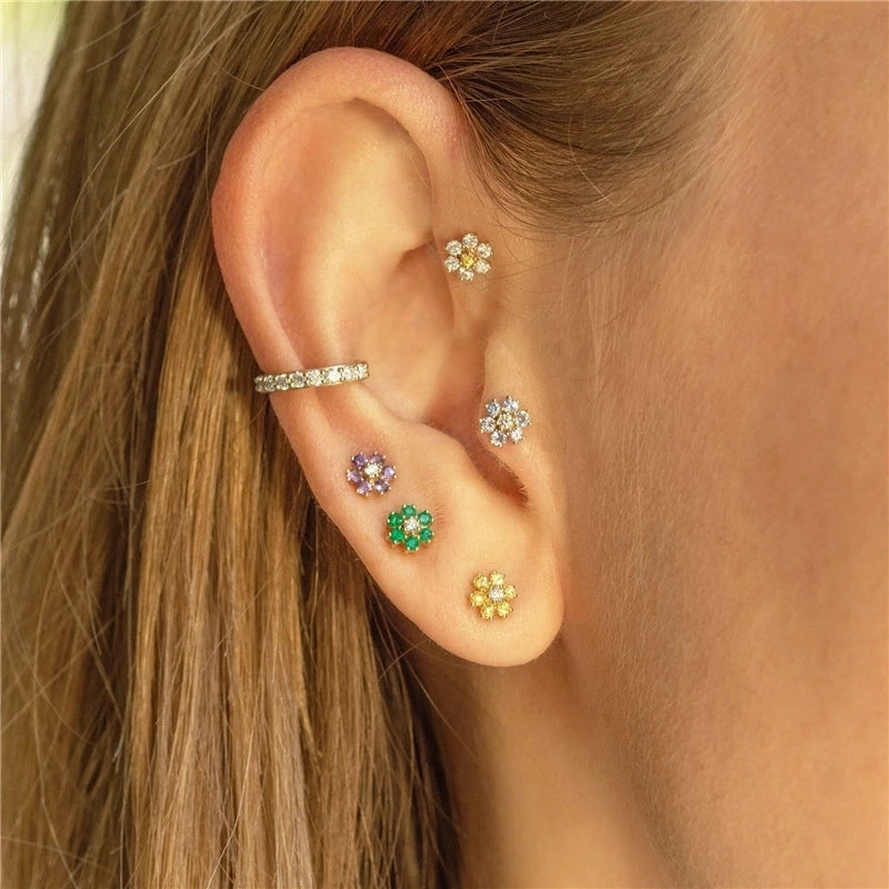1 Pair 925 Sterling Silver Zircon Flower Ear Studs